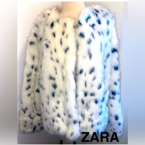 Zara White and Black Faux Fur Coat